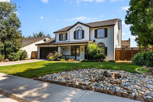 view of front of property with a garage, covered porch, and a front lawn