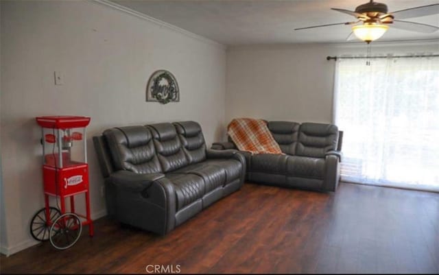 8043 Mojave Tropico Rd, Mojave, CA 93501 - living room with wood finished floors, plenty of natural light, ceiling fan, and ornamental molding