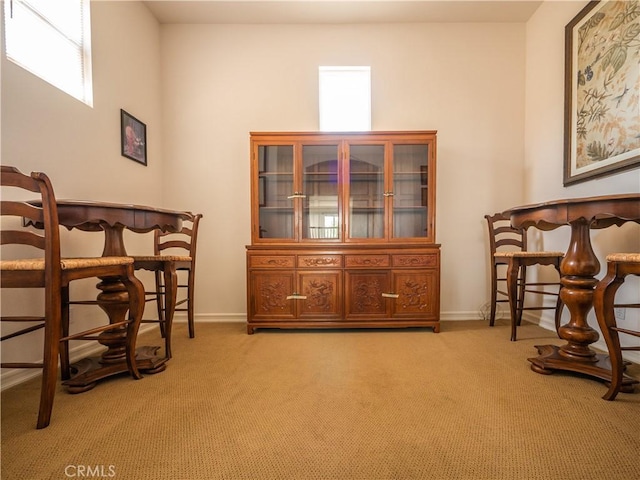 sitting room featuring light colored carpet