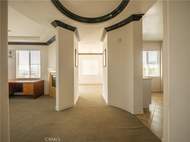 hallway featuring a raised ceiling, light carpet, and a wealth of natural light