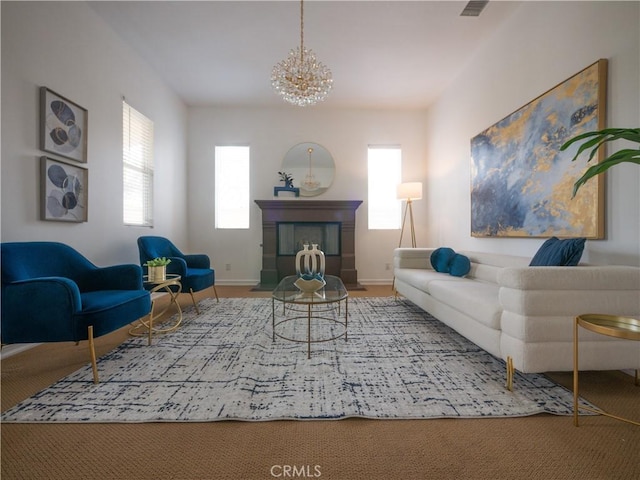 living room featuring an inviting chandelier