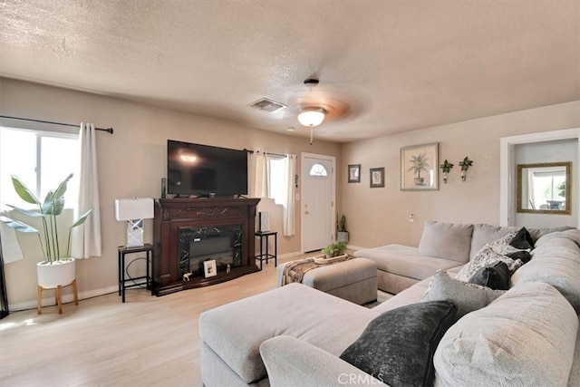 living room with light hardwood / wood-style floors, a textured ceiling, and a healthy amount of sunlight