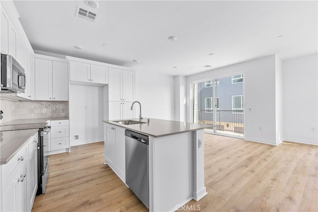 kitchen featuring sink, a center island with sink, white cabinets, and appliances with stainless steel finishes