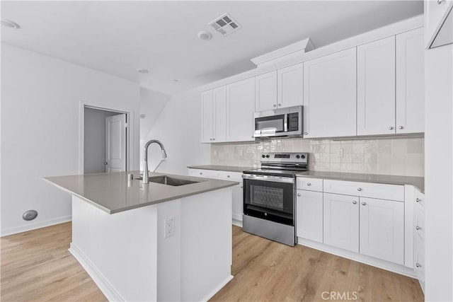 kitchen featuring sink, white cabinets, decorative backsplash, a kitchen island with sink, and stainless steel appliances