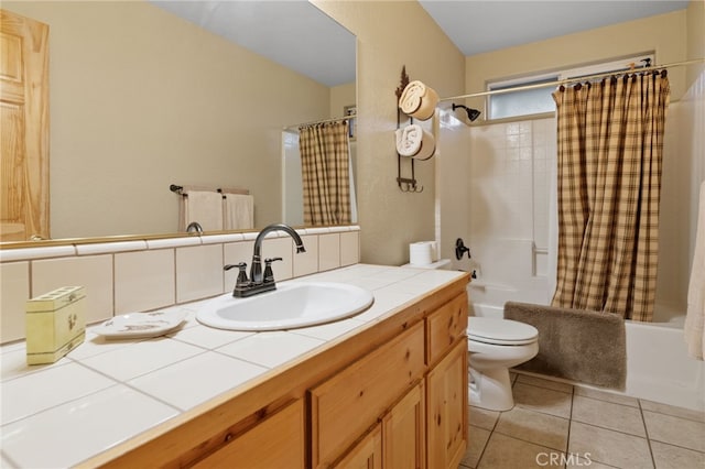 bathroom with tile patterned flooring, shower / bath combination with curtain, toilet, and vanity