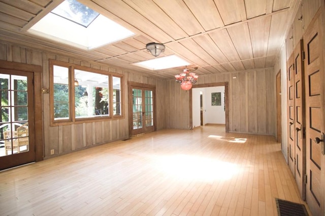 spare room featuring a skylight, wooden walls, light hardwood / wood-style flooring, and wood ceiling