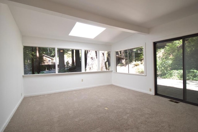 unfurnished sunroom featuring a wealth of natural light and vaulted ceiling with skylight