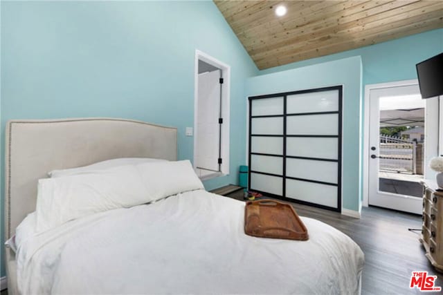 bedroom with dark hardwood / wood-style flooring, lofted ceiling, access to exterior, and wood ceiling