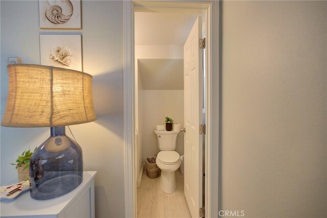 bathroom featuring wood-type flooring and toilet