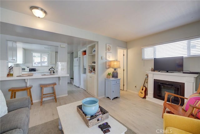 living room featuring a wealth of natural light and light hardwood / wood-style floors