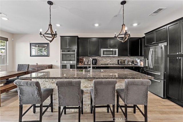 kitchen featuring a center island with sink, sink, hanging light fixtures, and stainless steel appliances