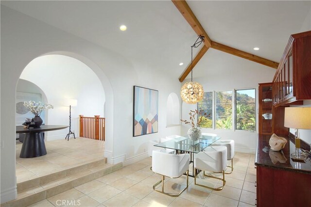 4347 Canyon View Ln, Palos Verdes Peninsula, CA 90274 - dining space featuring arched walkways, light tile patterned floors, recessed lighting, and a chandelier