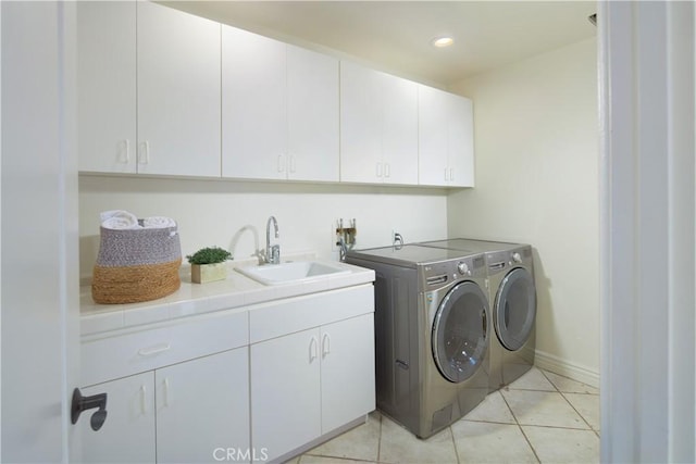 4347 Canyon View Ln, Palos Verdes Peninsula, CA 90274 - laundry area featuring cabinet space, washer and clothes dryer, light tile patterned floors, and recessed lighting