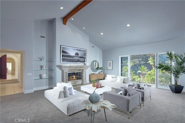 4347 Canyon View Ln, Palos Verdes Peninsula, CA 90274 - living area featuring carpet flooring, high vaulted ceiling, recessed lighting, a glass covered fireplace, and beamed ceiling