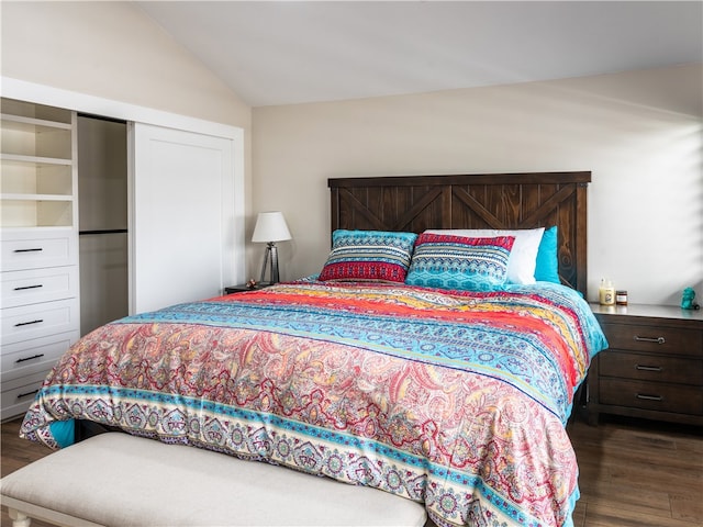 bedroom featuring dark wood-type flooring, a closet, and lofted ceiling