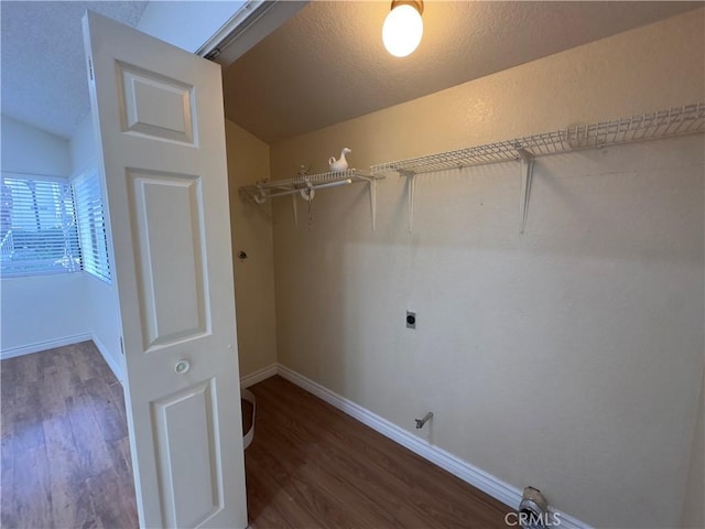 laundry area with electric dryer hookup and dark hardwood / wood-style floors