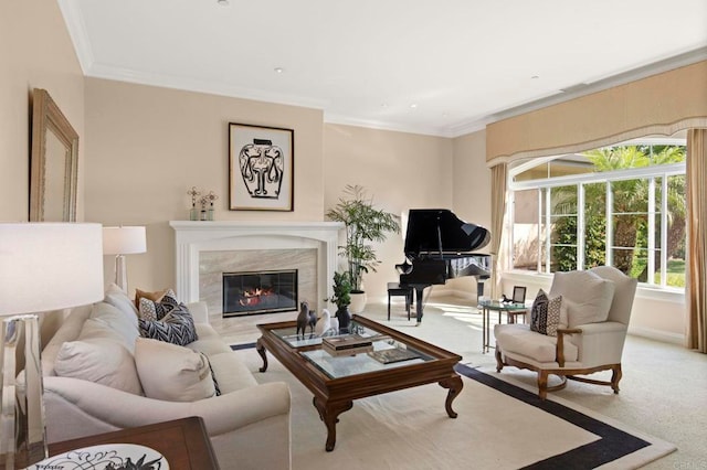 living room with ornamental molding, light carpet, and a high end fireplace