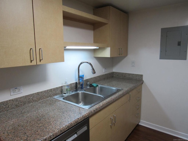 kitchen featuring light brown cabinetry, dark hardwood / wood-style floors, electric panel, and sink