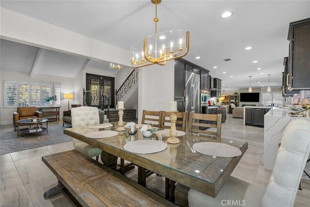 tiled dining area featuring a chandelier and vaulted ceiling with beams