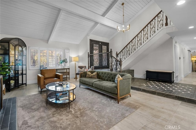 living room with beam ceiling, high vaulted ceiling, wooden ceiling, and a chandelier