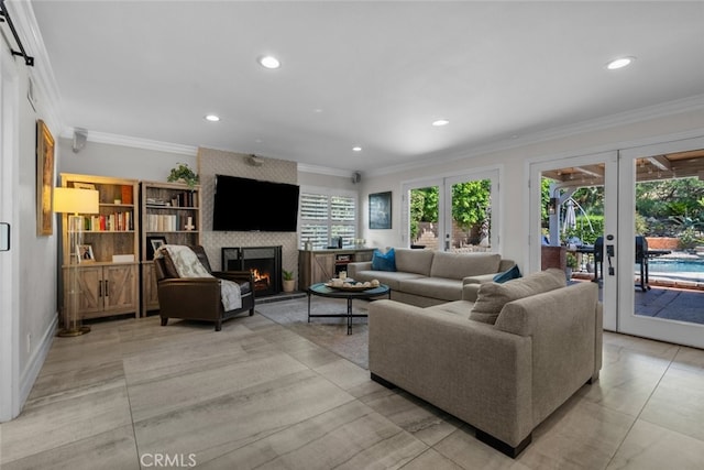 living room featuring french doors, plenty of natural light, and crown molding