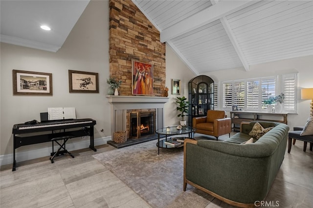 living room with a stone fireplace, wood ceiling, beam ceiling, and high vaulted ceiling