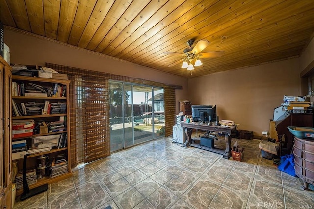 tiled home office featuring ceiling fan and wood ceiling