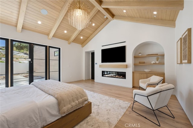 bedroom with access to outside, high vaulted ceiling, wooden ceiling, a chandelier, and light hardwood / wood-style floors