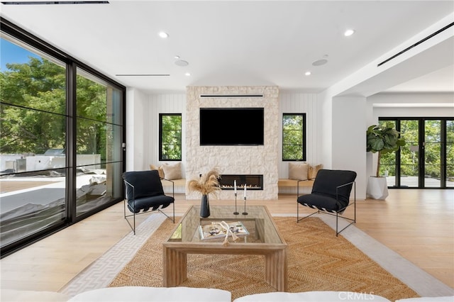 living room with a fireplace, light wood-type flooring, and a wealth of natural light