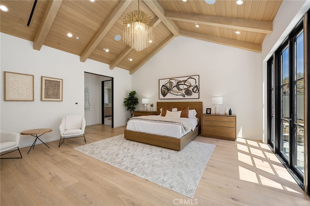 bedroom featuring light wood-type flooring, an inviting chandelier, high vaulted ceiling, and wood ceiling