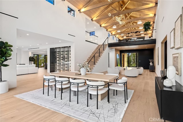 dining space with beam ceiling, light wood-type flooring, high vaulted ceiling, and plenty of natural light