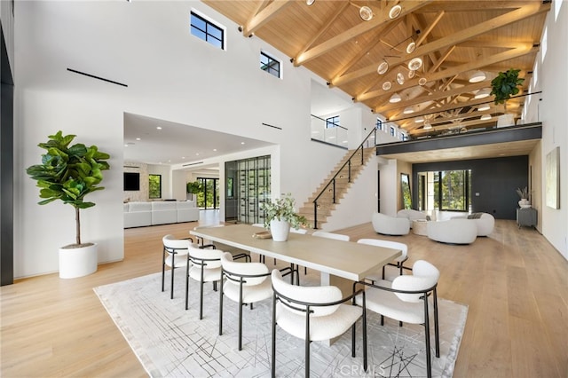 dining area featuring beam ceiling, light hardwood / wood-style flooring, high vaulted ceiling, and wooden ceiling