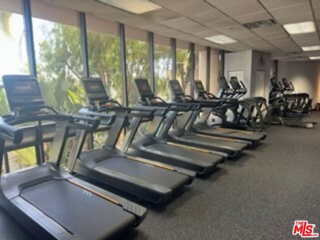 exercise room featuring a drop ceiling and plenty of natural light