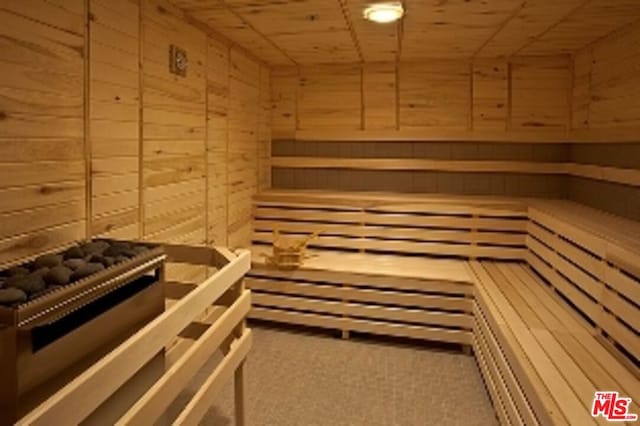 view of sauna featuring carpet, wood ceiling, and wood walls