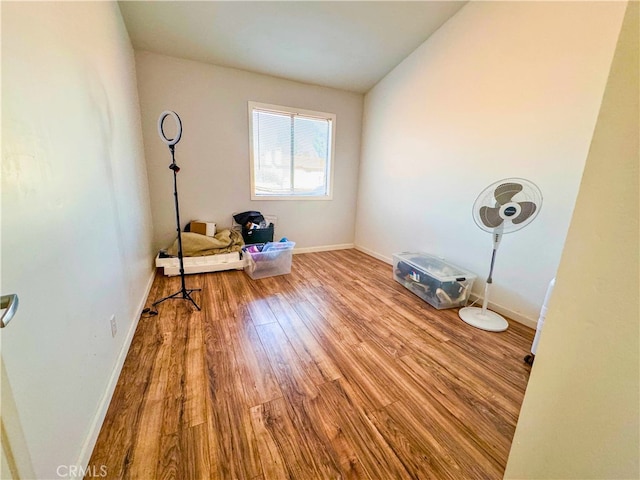 miscellaneous room with lofted ceiling and light wood-type flooring