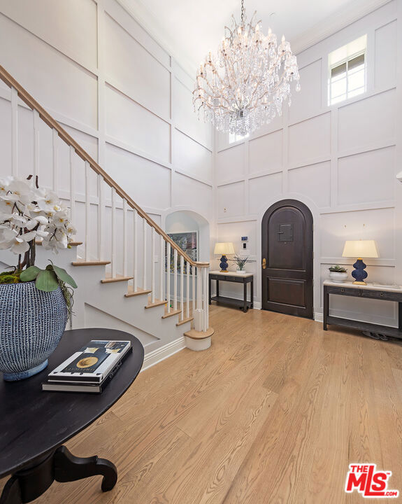 foyer entrance with a high ceiling, light hardwood / wood-style floors, and a healthy amount of sunlight