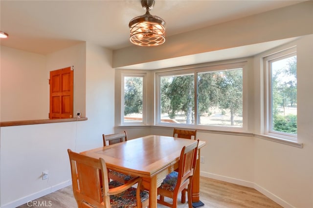 dining space with light hardwood / wood-style flooring, plenty of natural light, and a chandelier