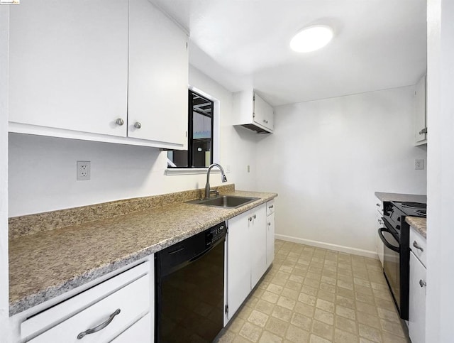 kitchen with white cabinetry, sink, and black appliances