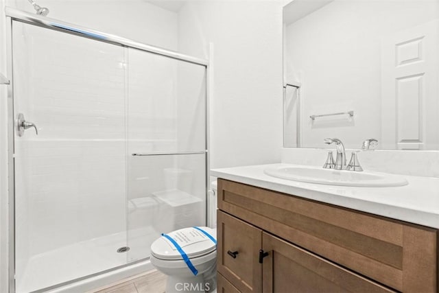 bathroom featuring vanity, an enclosed shower, and toilet