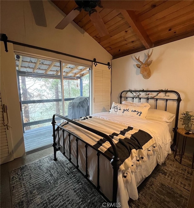 carpeted bedroom featuring wood ceiling, vaulted ceiling with beams, ceiling fan, and access to outside