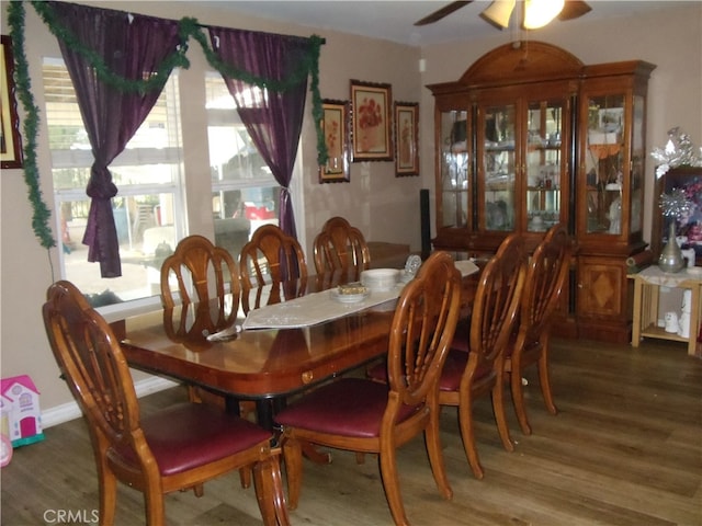 dining space featuring hardwood / wood-style floors and ceiling fan