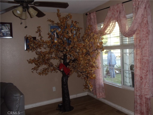 empty room with a healthy amount of sunlight, ceiling fan, and dark hardwood / wood-style flooring