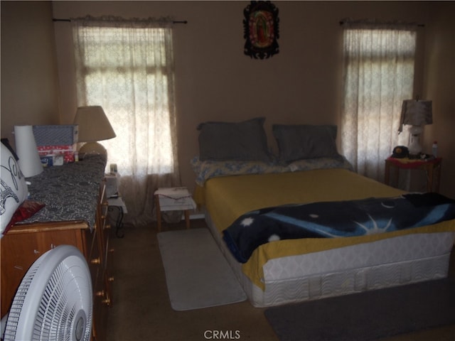 bedroom featuring dark carpet