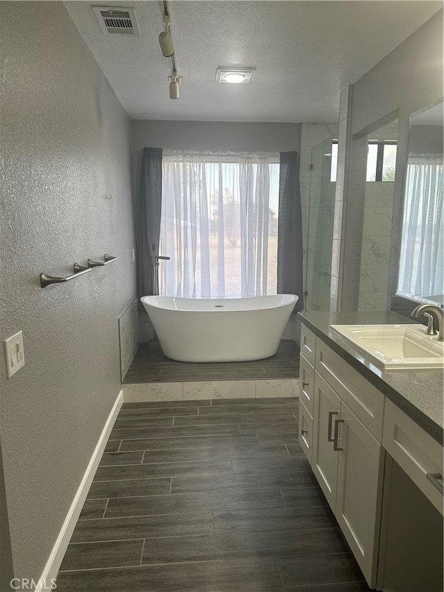 bathroom with vanity, plus walk in shower, plenty of natural light, and rail lighting