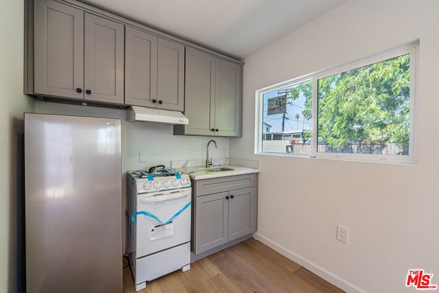 kitchen with light hardwood / wood-style flooring, plenty of natural light, sink, and electric range