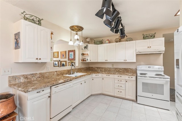 kitchen featuring white cabinets, pendant lighting, white appliances, and sink