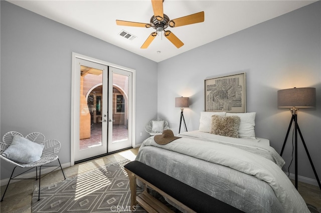 bedroom with ceiling fan, french doors, access to exterior, and multiple windows