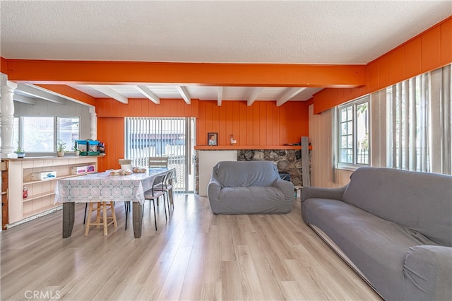 living room with light hardwood / wood-style flooring, a textured ceiling, and plenty of natural light