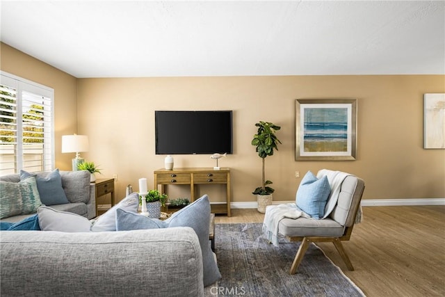 living room featuring wood finished floors and baseboards