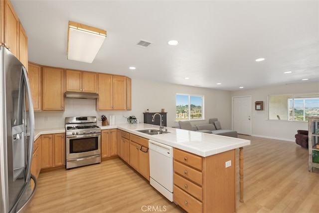 kitchen featuring decorative backsplash, light hardwood / wood-style flooring, kitchen peninsula, stainless steel appliances, and sink